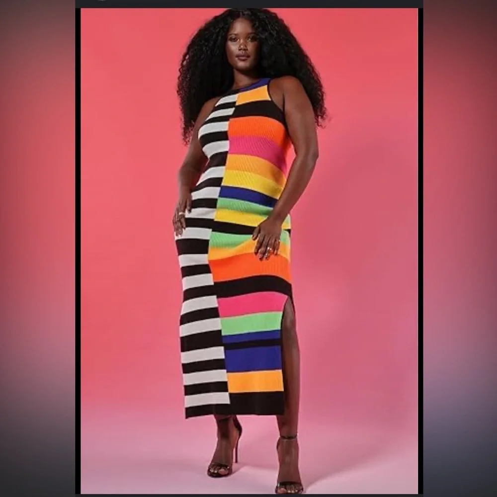 ELOQUII Mixed Striped Ribbed dress‎ colorful sleeveless maxi length Sz 26/28 new - Picture 3 of 14